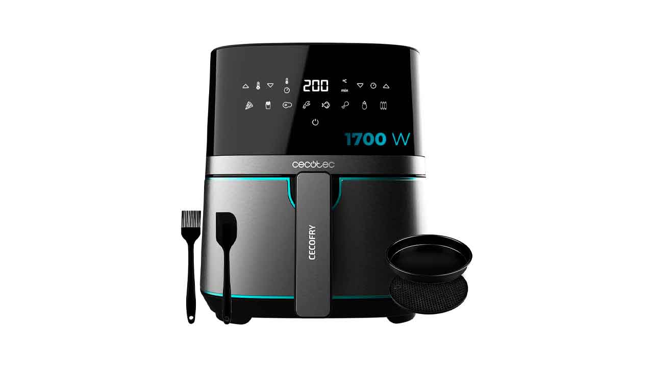 Cecotec-Freidora-de-Aire-sin-Aceite-de-5,5-L-Air-Fryer-Cecofry-Full-InoxBlack-5500-Pro-con-Accesorios.-1700-W,-Dietética-y-Digital,-Táctil,-Acabados-en-Acero-Inox,-8-Modos,-Pack-de-Accesorios