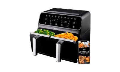 La-Moustache---Freidora-sin-Aceite-8L-de-Aire-Caliente-1700W-con-E-Book-de-Recetas,-Airfryer-con-2-Cestas-Independientes,-10-Programas,-Temporizador-Digital,-Rejillas-Antiadherentes-(DuoFry-Black)