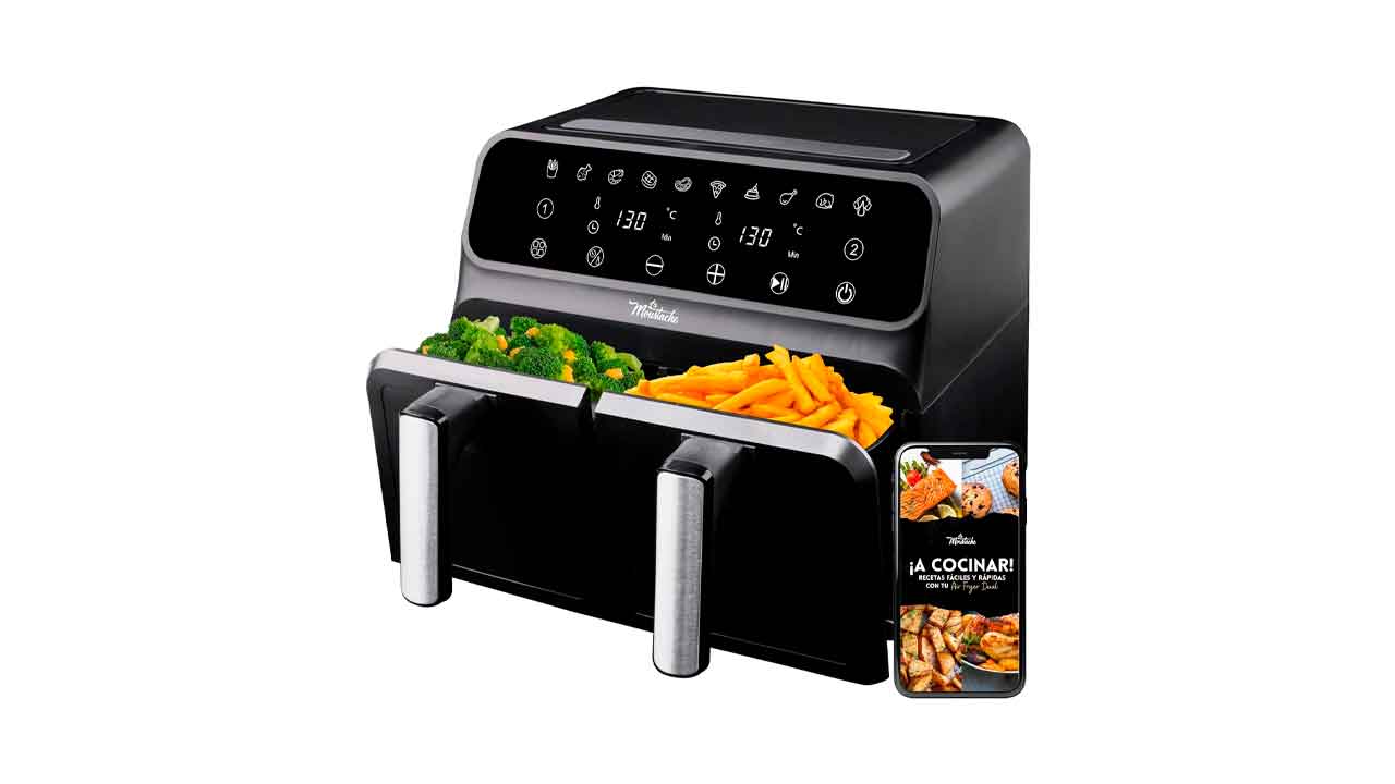 La-Moustache---Freidora-sin-Aceite-8L-de-Aire-Caliente-1700W-con-E-Book-de-Recetas,-Airfryer-con-2-Cestas-Independientes,-10-Programas,-Temporizador-Digital,-Rejillas-Antiadherentes-(DuoFry-Black)