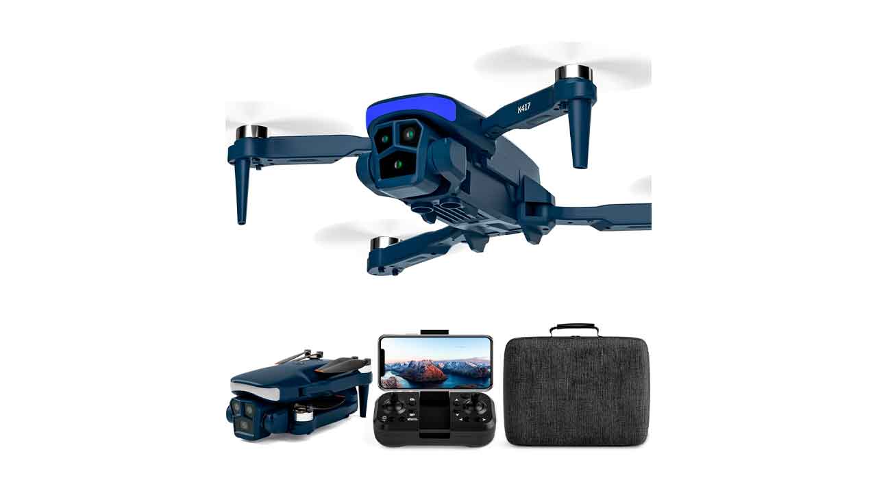 dron K417-Drone-con-2-Camaras-1080p-HD,90°Eléctrica-ajustable-FPV-Dron,Luz-LED-azul-Escobillas-Drone-con-5GHz-WIFI-Vídeo-App-para-Adultos,Modo-sin-Cabeza,RC-Quadcopter-para-Principiantes,Juguetes,Bolsa