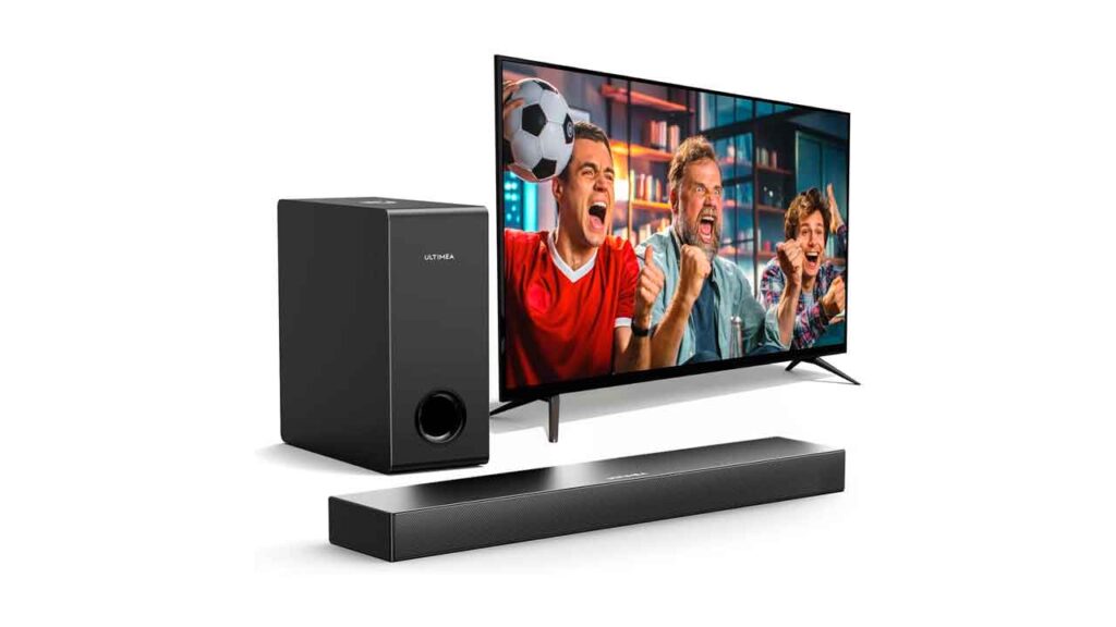 ULTIMEA-Barra-de-Sonido-para-TV-con-Subwoofer,-Potencia-Máxima-160W,-BASSMAX,-Barra-de-Sonido-Surround-2.1-para-PC-con-3-EQ,-Bluetooth-5.3-HDMI-óptico-AUX-Montaje-en-Pared,-Serie-Ultra-Slim-Nova-S40