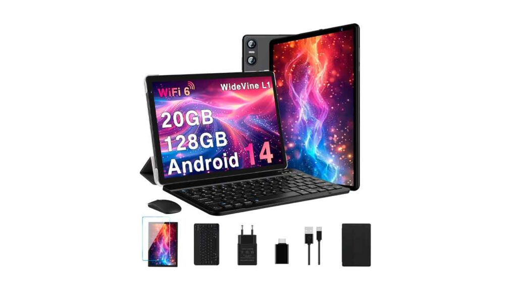 Biegedy-Tablet-10-Pulgadas-Android-14,-20GB-RAM-+-128GB-ROM-(TF-1TB),-Dual-Band-WiFi-6,-Octa-Core,-Widevine-L1-5-MP-+-8-MP-1280-800-Pixels-GMS-Bluetooth-5.0,-Tablet-con-Teclado-y-Raton-Negro
