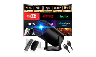 [App-integrada]-Proyector-1080P-FHD-4K-Supote-2025-Upgraded-Proyector-Portátil-Dual-Control-con-Ratón-Android-TV-WiFi-6-BT5.2-180-Rotation-HDMI-TV-Stick-USB-PS5-Laptop,-con-Cable-HDMI-y-Ratón,-Negro